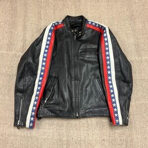 Vintage Cafe Racer Leather Jacket Mens Large Black 1990s‎ Stars USA